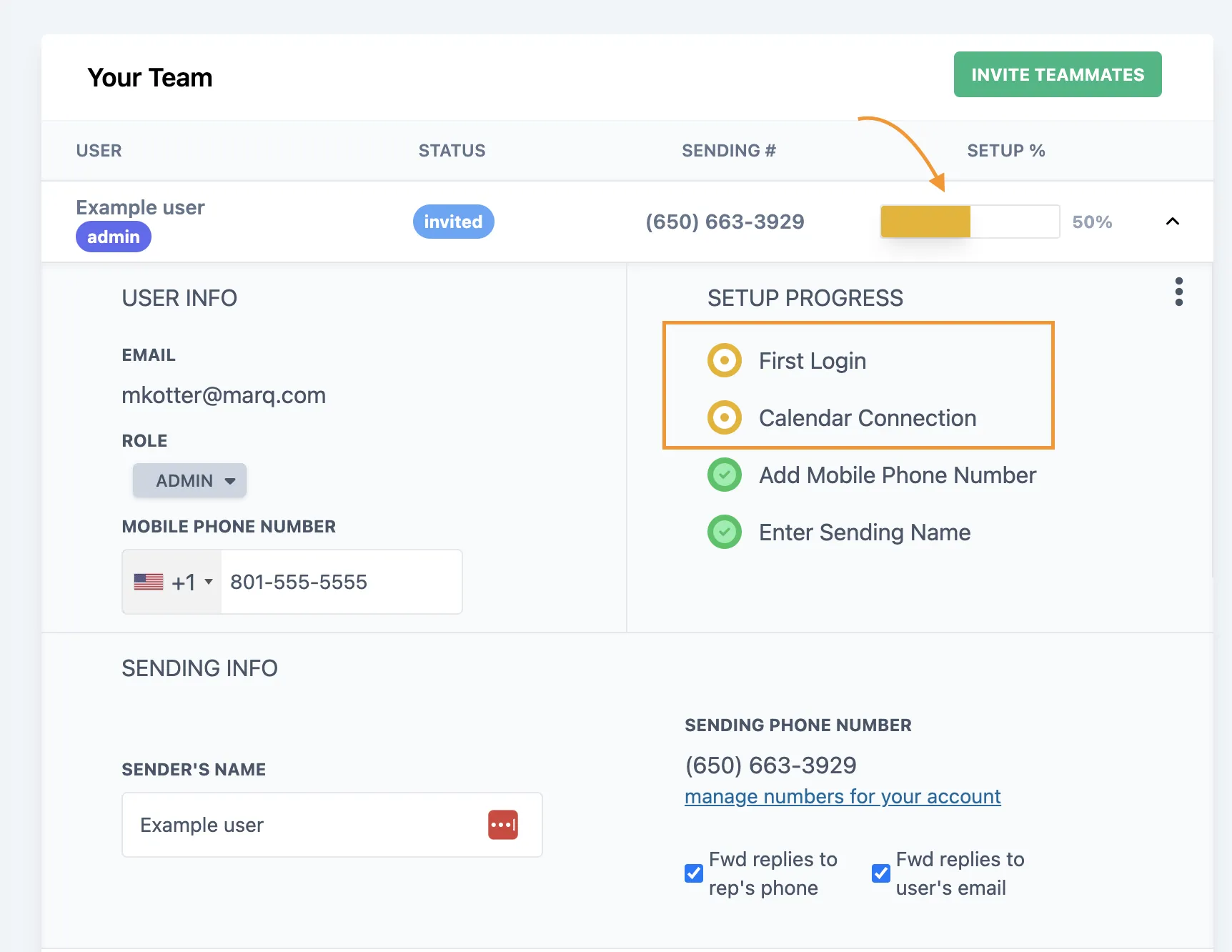 Team calendar setup status