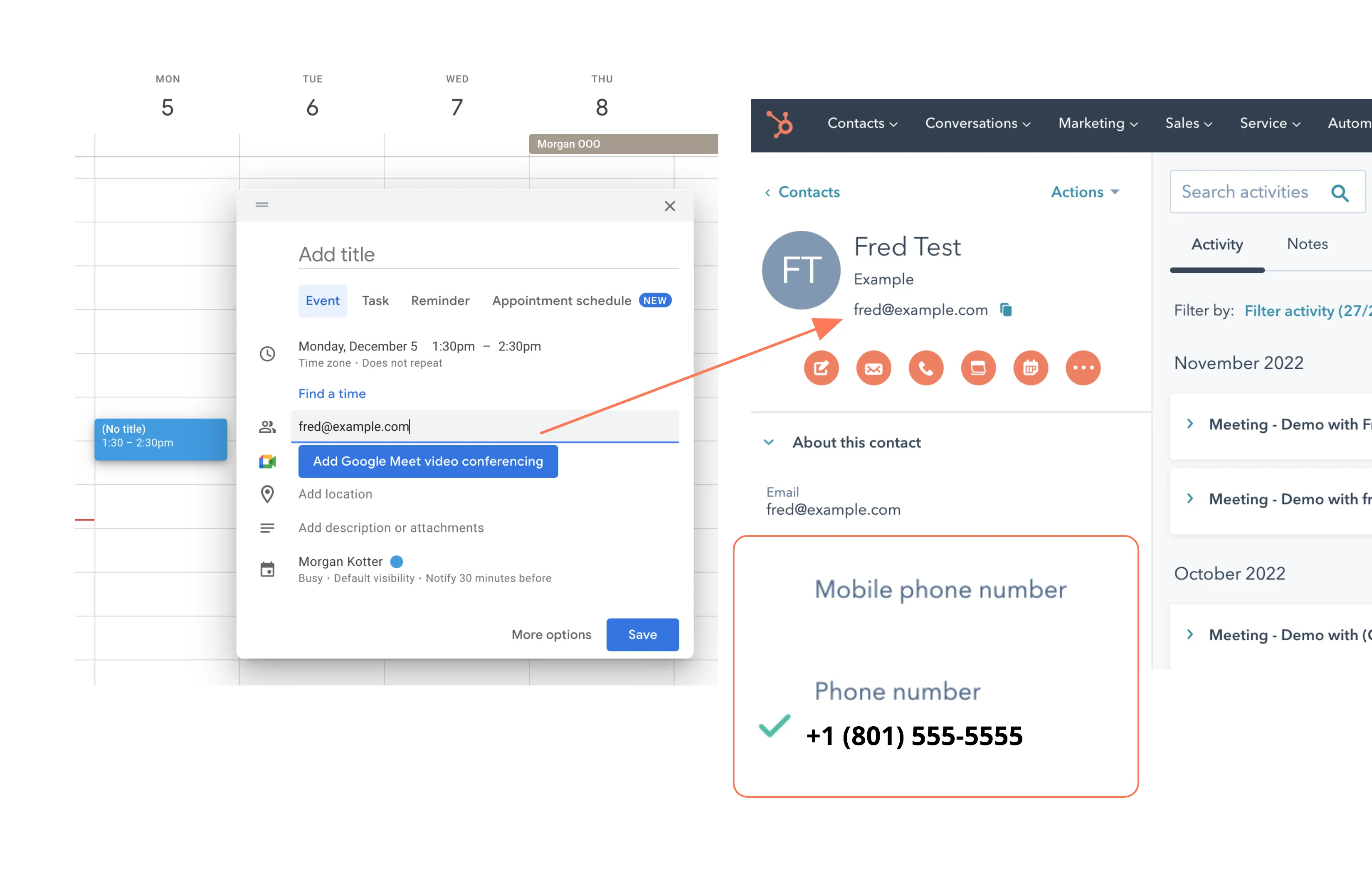 syncing contact email in hubSpot with google calendar