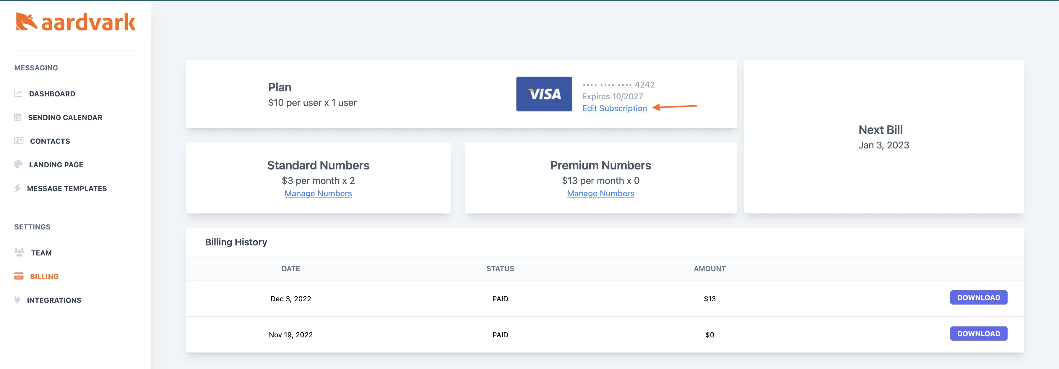Edit Aardvark billing subscription