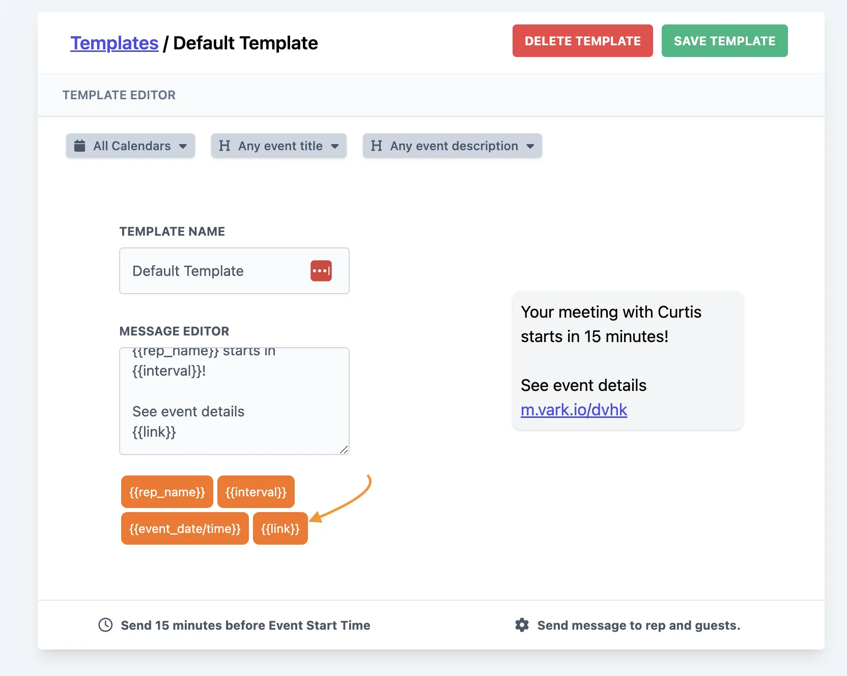 Landing page link in template